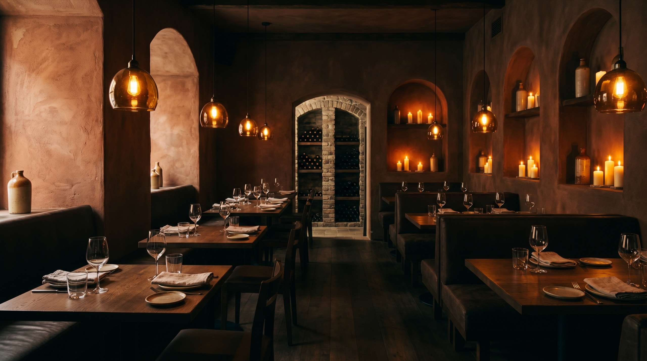 Fig & Vine — an intimate, candlelit wine bar in warm umber and clay.