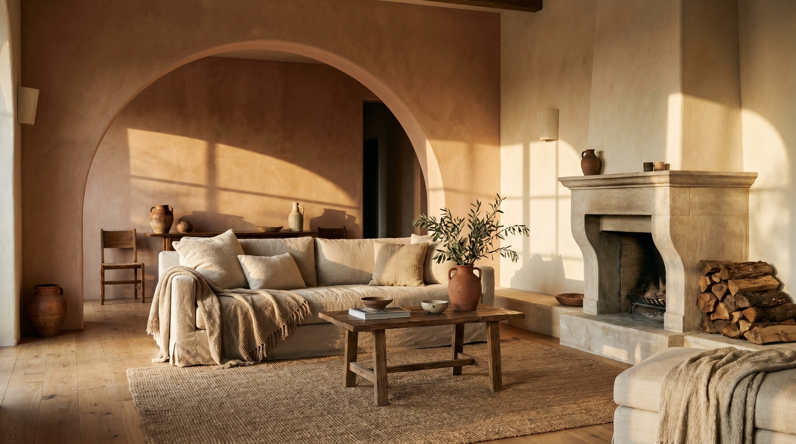 A warm, sunlit Mediterranean living space in lime plaster, timber and stone.