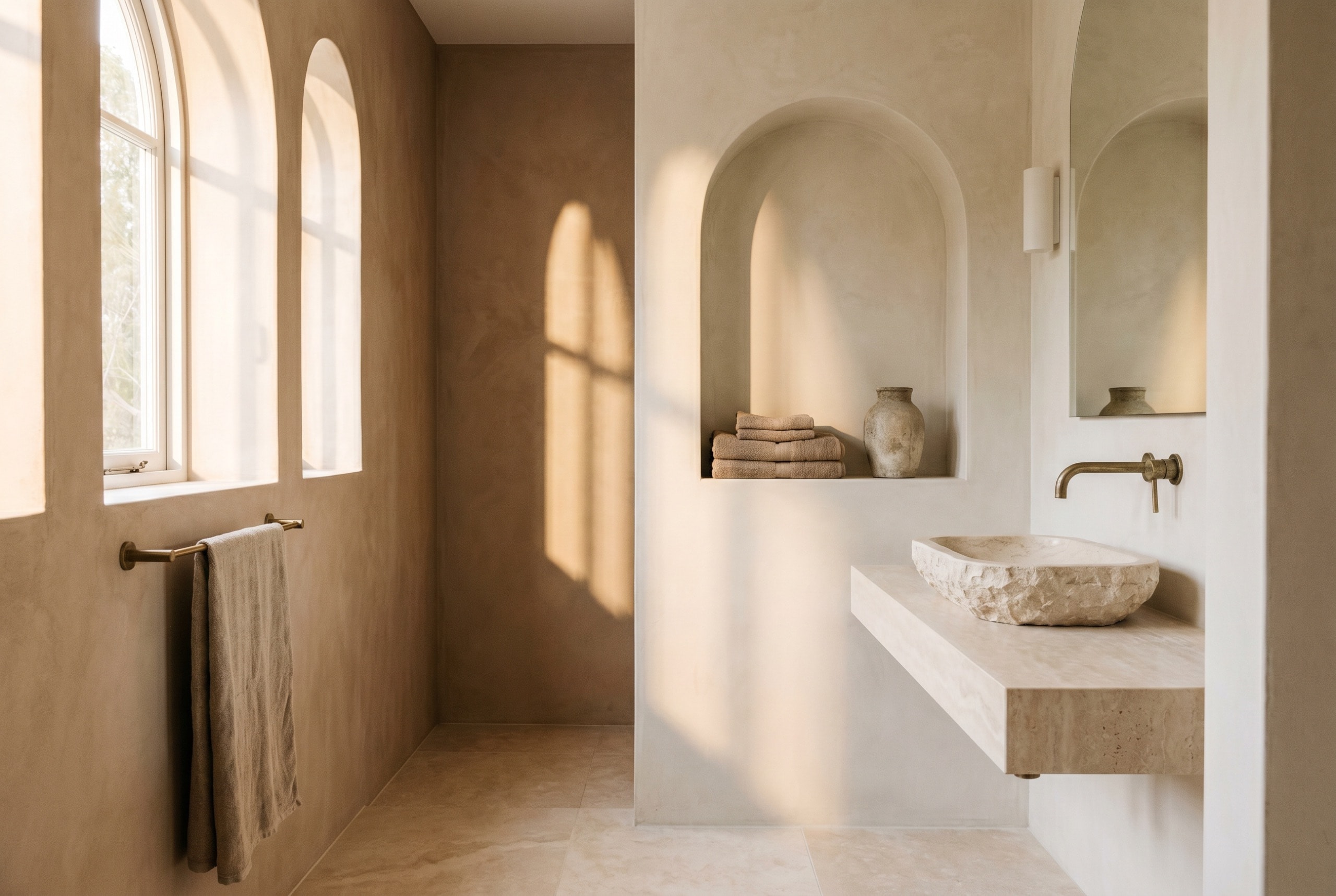 A stone basin bathroom in natural daylight.