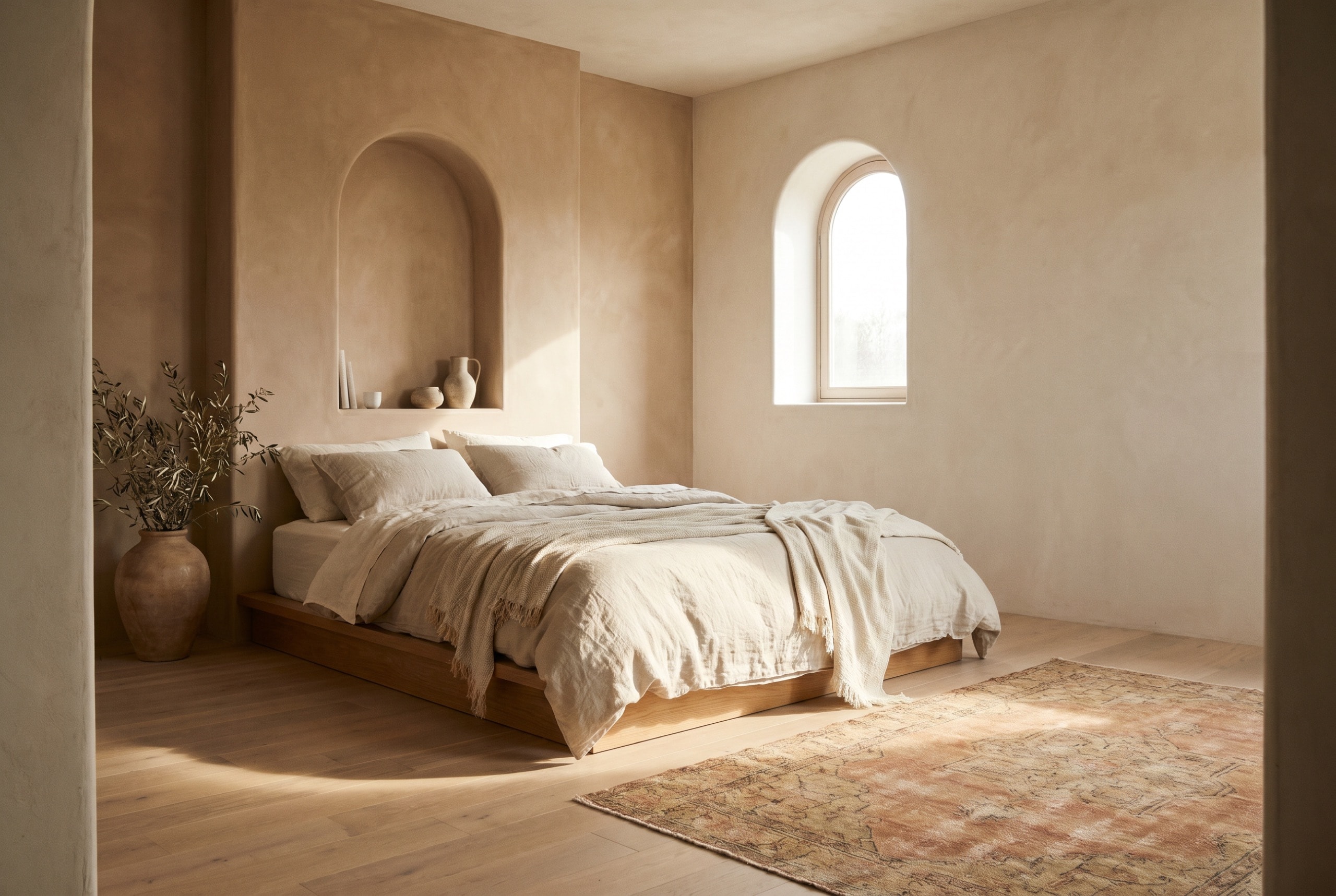 A warm Mediterranean bedroom with a low linen bed and plaster walls.
