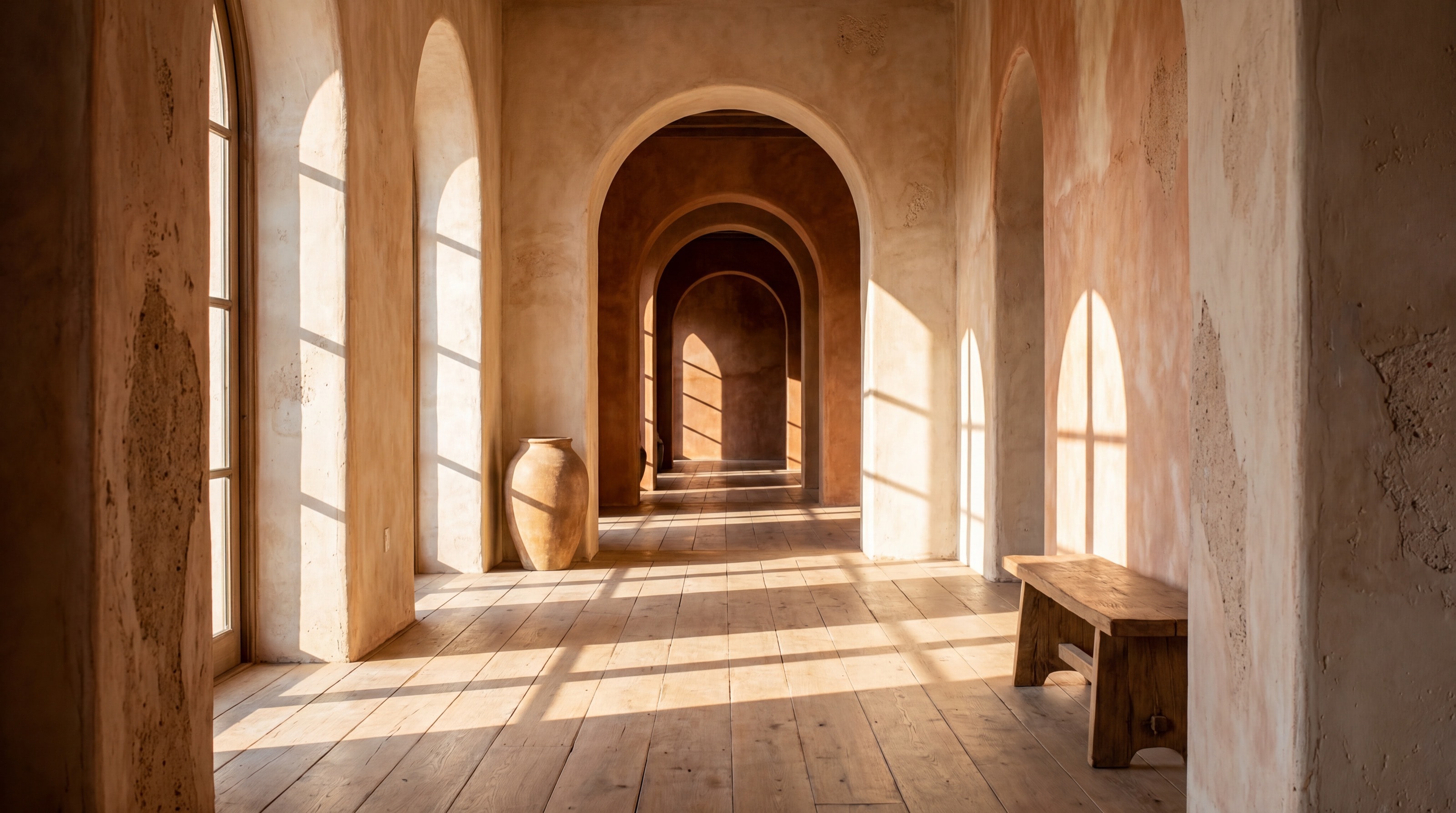 A cinematic corridor of receding plaster arches.