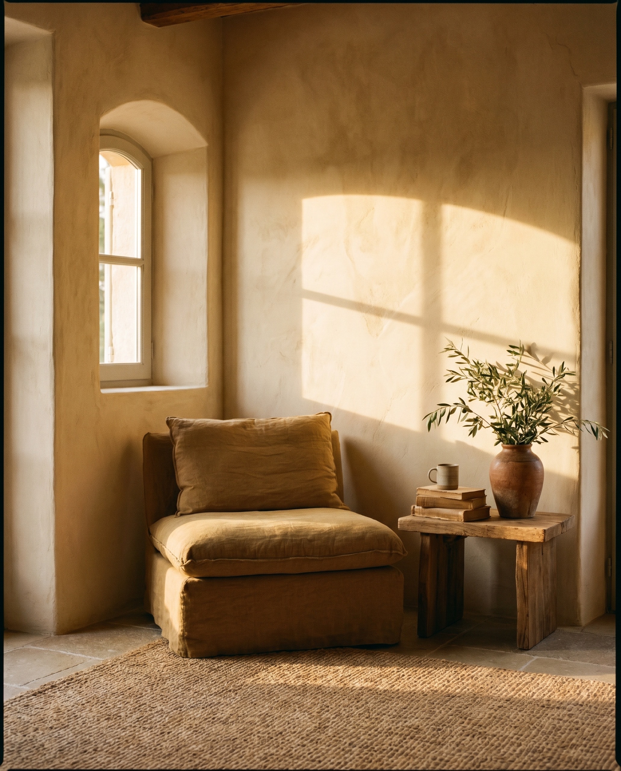 A sunlit reading corner with a warm armchair and soft afternoon light.
