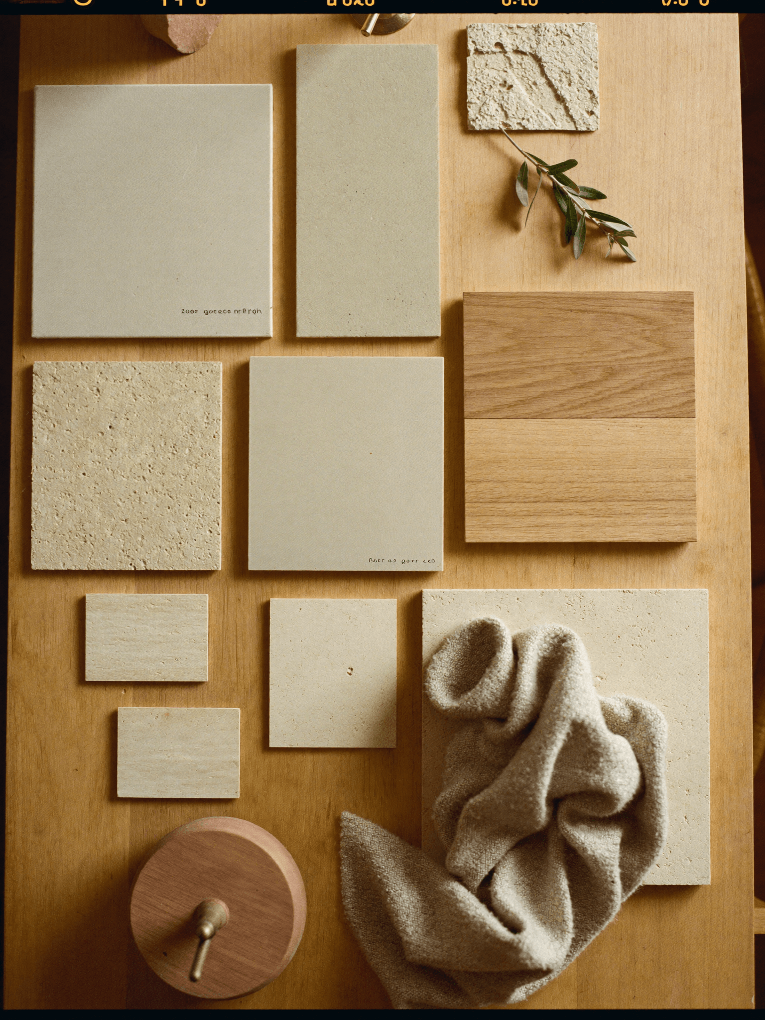 A material palette — plaster, travertine, oak, linen, terracotta and brass.